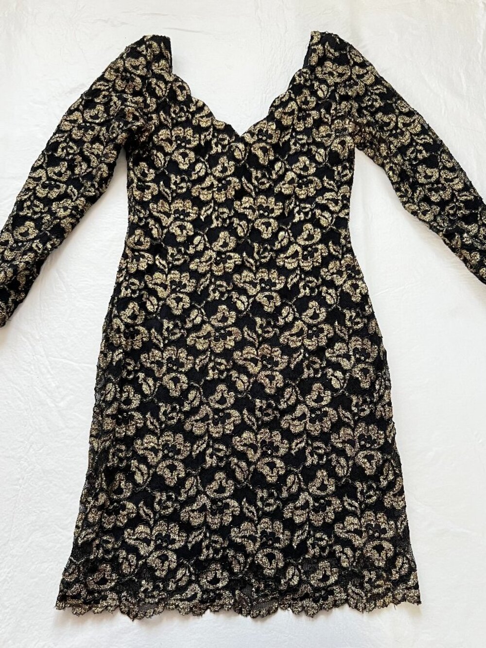 Vintage dress 90s medium Black Lace‎ Gold Floral print long sleeve bodycon